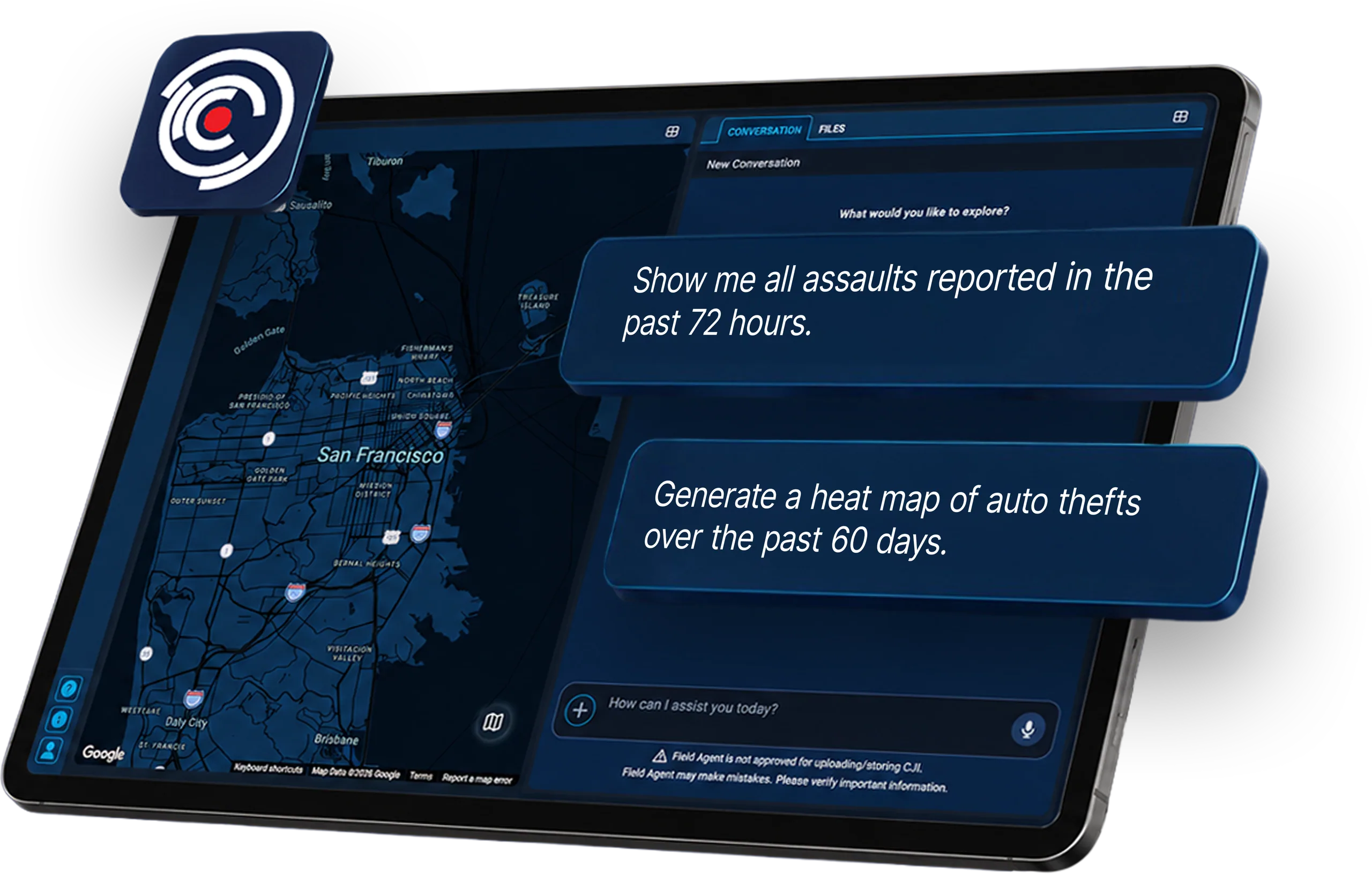SafetySmart Field Agent. Show me all assaults reported in the past 72 hours. Generate a heat map of auto thefts over the past 60 days.