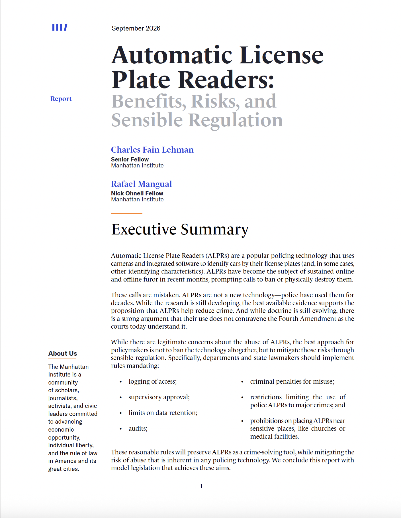 Automatic License Plate Readers: Benefits, Risks, and Sensible Regulation
