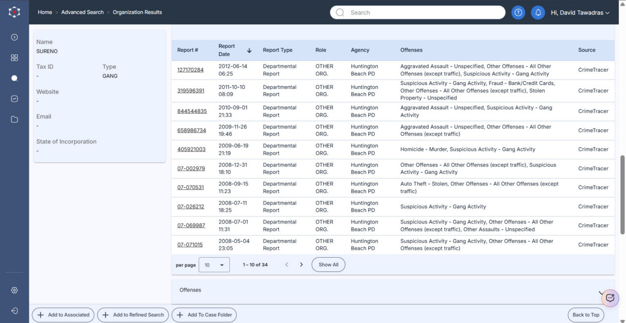 Screenshot of CrimeTracer's search results when looking for an organization (gang members).