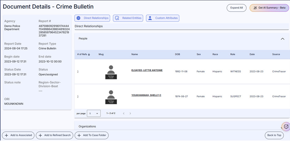 CrimeTracer Gen 3 image of document details with a crime bulletin shown.