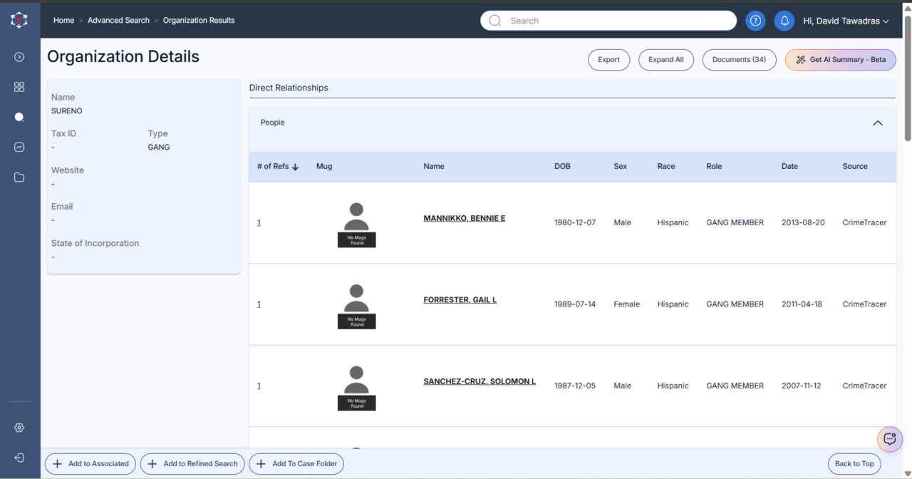 Screenshot of CrimeTracer's list of organization details for a gang member search.