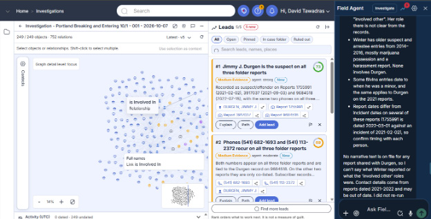Screenshot showing the investigative skill of Field Agent in CrimeTracer during deep case analysis.