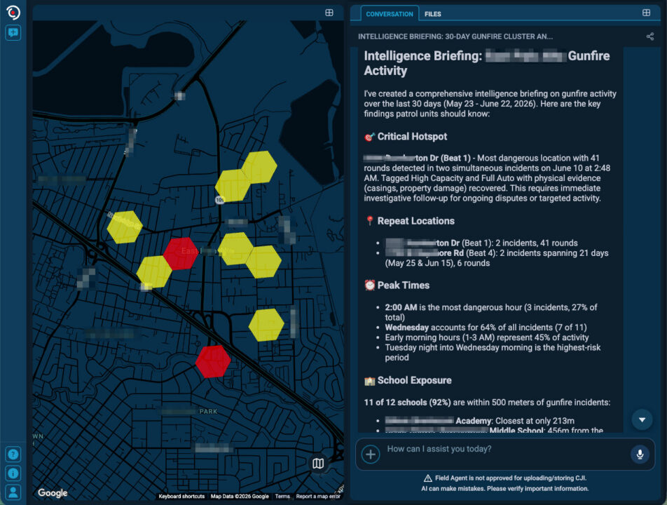 Image of computer screen with Field Agent prompt about gunfire clusters on the right side and corresponding map on the left side.