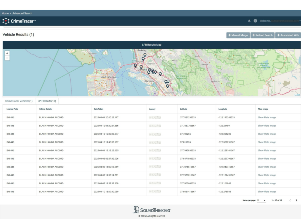 Screenshot showing license place reads by vehicle and location from ALPR camera locations.