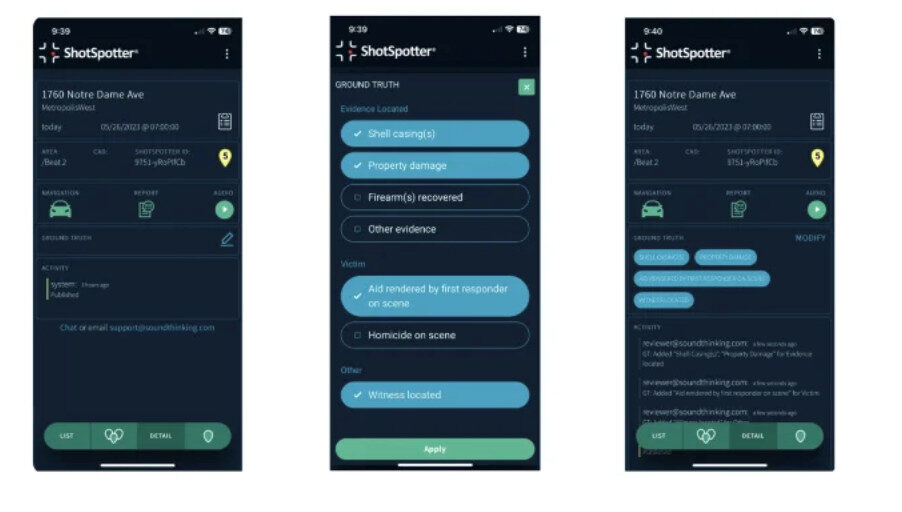 Image of three phone screens side by side showing the officer views of ShotSpotter's Ground Truth from the ShotSpotter app.
