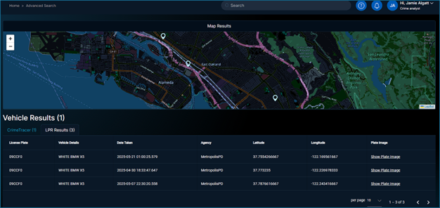 Image of PlateRanger's search results showing the license plate hits on PlateRanger cameras for the same vehicle.