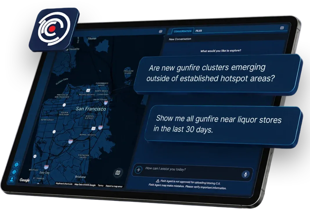 Image of a tablet with Field Agent prompts on the right half of the screen and a map on the left.