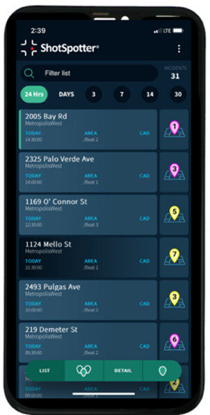 Image of mobile device screen with ShotSpotter recent gunfire activity log.