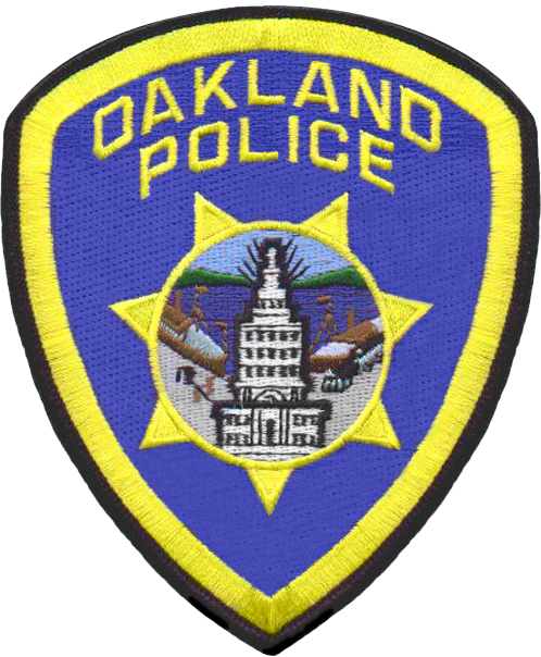 the oakland police badge is shown in blue and yellow