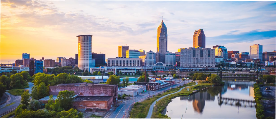 a city skyline with a river running through it