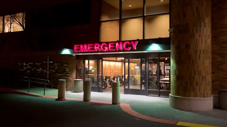 Emergency entrance of a hospital at night with the 'Emergency' sign in red lights.