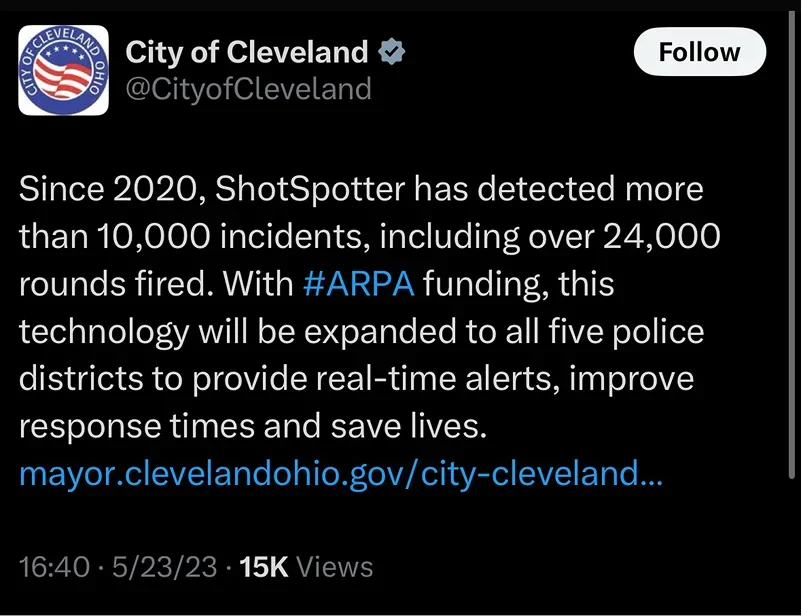 Tweet from City of Cleveland on 05/23/23 about the benefits of ShotSpotter.