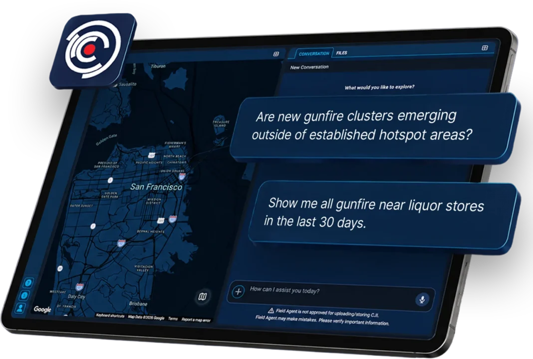 Image of a tablet with Field Agent prompts on the right half of the screen and a map on the left.