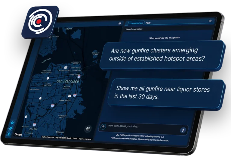 Image of a tablet with Field Agent prompts on the right half of the screen and a map on the left.