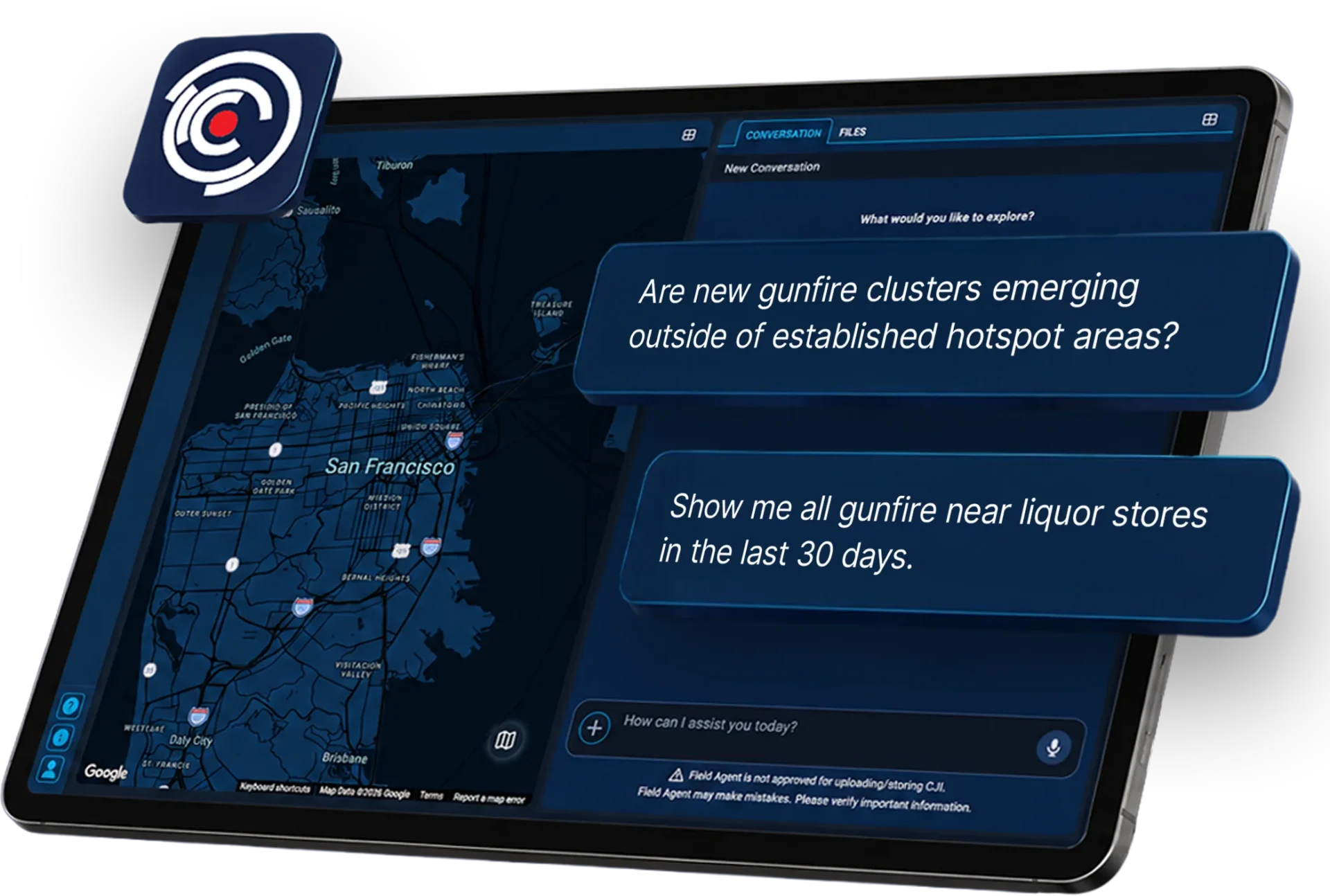 Image of a tablet with Field Agent prompts on the right half of the screen and a map on the left.