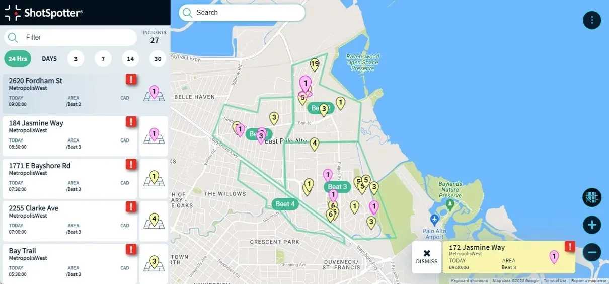 Image from ShotSpotter gunshot tracking, showing map with overlays of gunfire locations.