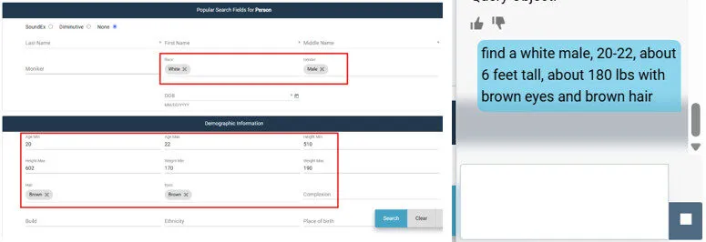 Screenshot showing CrimeTracer advanced search fields next to the new CrimeTracer AI Chatbot.