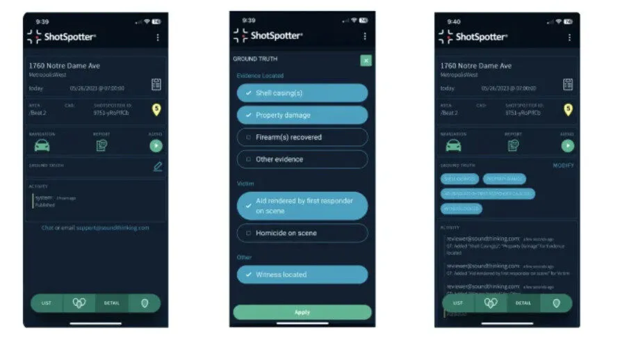 Image of three phone screens side by side showing the officer views of ShotSpotter's Ground Truth from the ShotSpotter app.