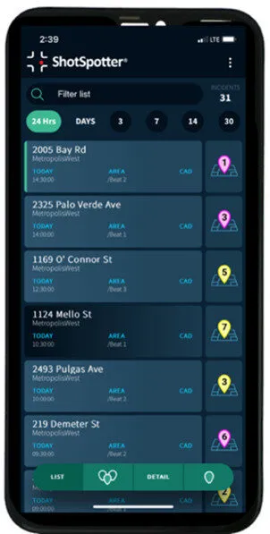 Image of mobile device screen with ShotSpotter recent gunfire activity log.