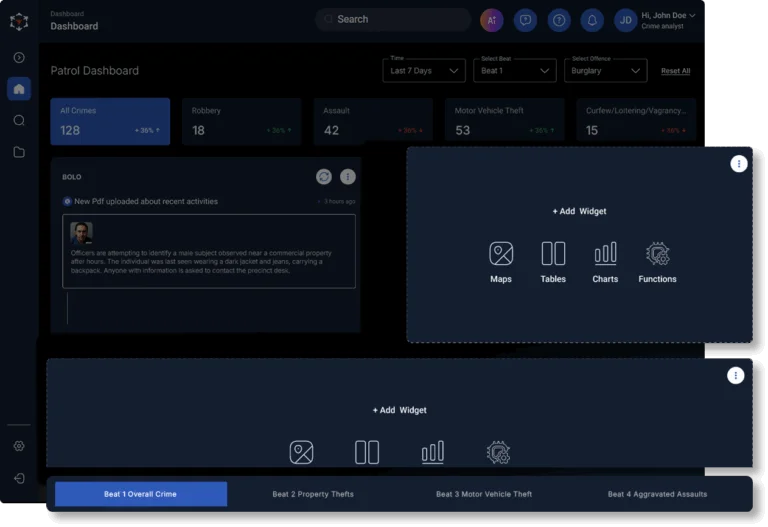 Image of the crime trends dashboard, configurable in CrimeTracer Gen3.