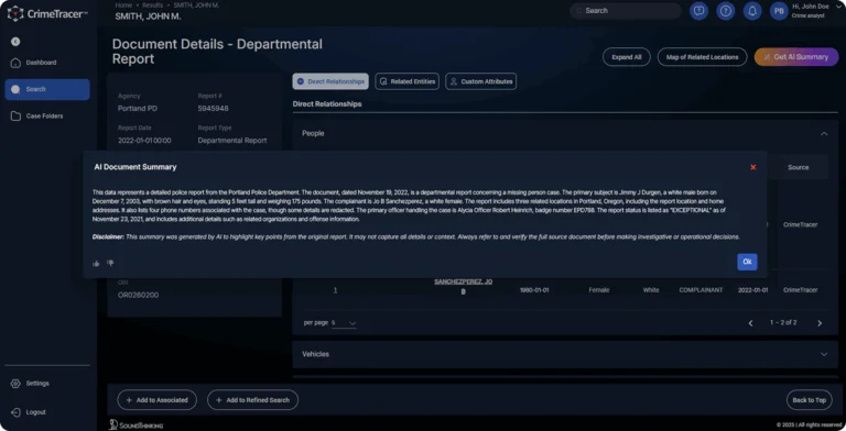 Image of CrimeTracer Gen3 screen showing an AI Document Summary.