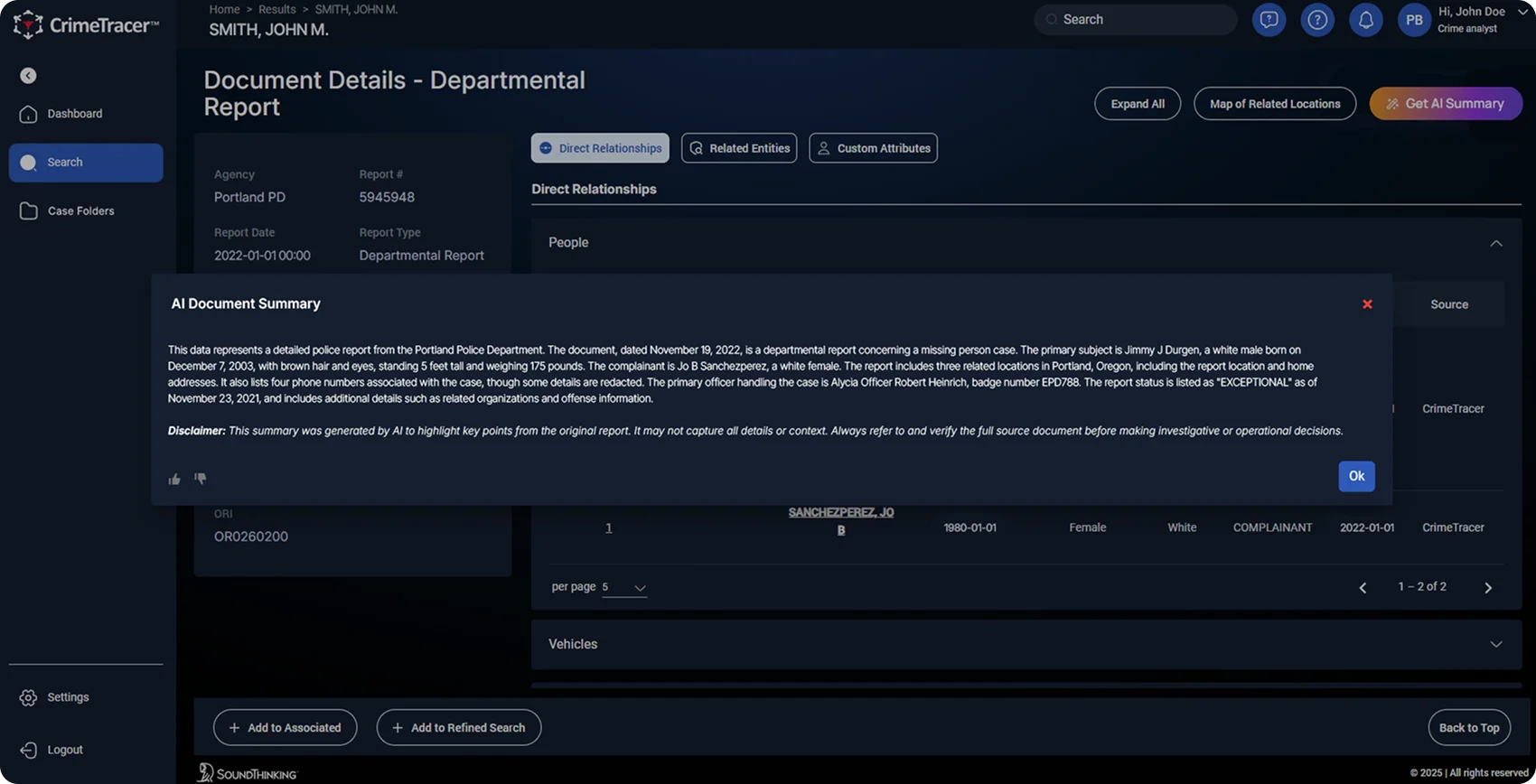 Image of CrimeTracer Gen3 screen showing an AI Document Summary.