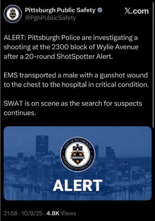 Pittsburgh Public Safety social post on X showing ShotSpotter alert led to finding a gunshot victim.