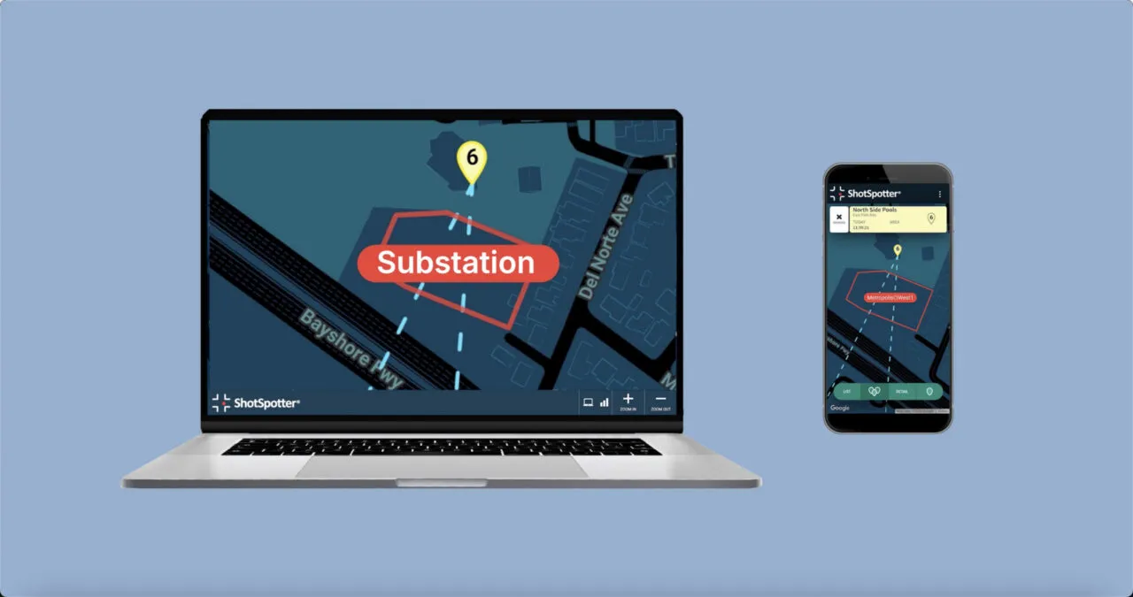 Image of ShotSpotter Perimeter alert showing the cone and shooter location on a laptop screen.