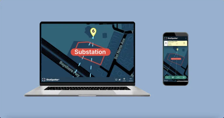 Image of ShotSpotter Perimeter alert showing the cone and shooter location on a laptop screen.