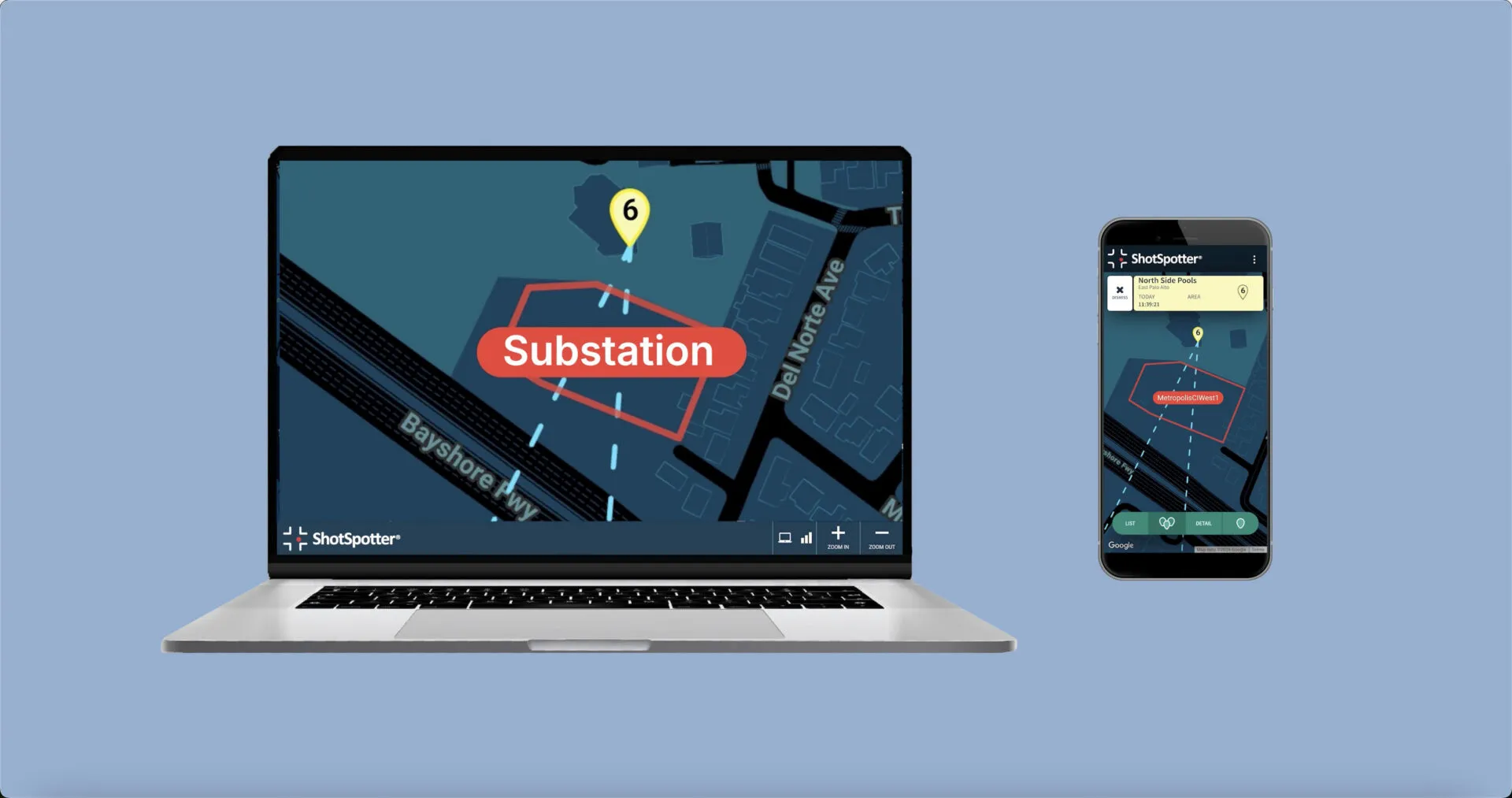 Image of ShotSpotter Perimeter alert showing the cone and shooter location on a laptop screen.
