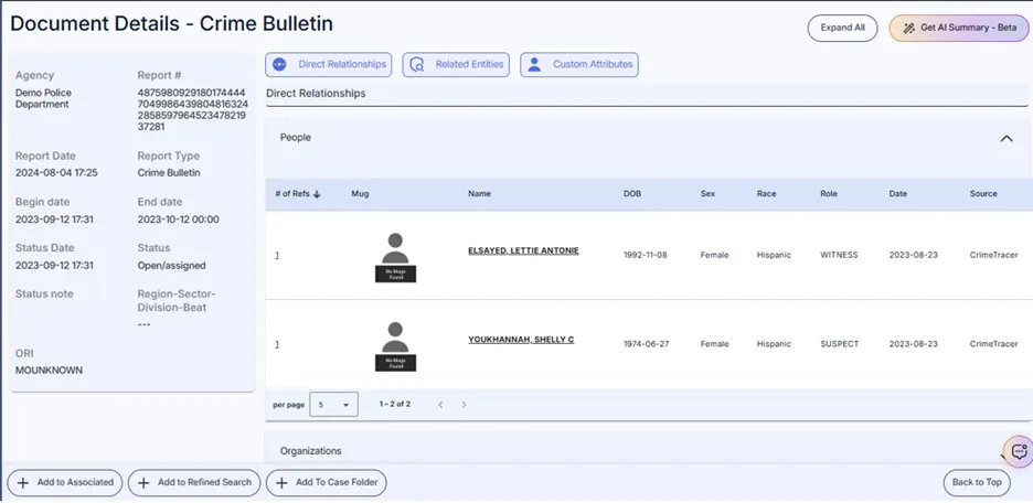 CrimeTracer Gen 3 image of document details with a crime bulletin shown.