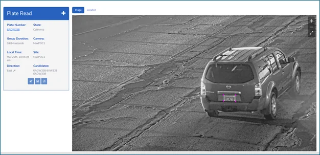 Image of PlateRanger screen showing view of darker colored Nissan SUV with a license plate read and vehicle information.