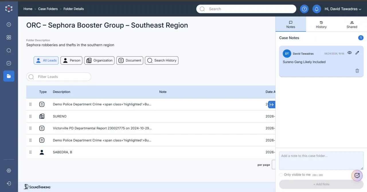 Screenshot of CrimeTracer's Case Folders showing an organized retail crime folder with files included.