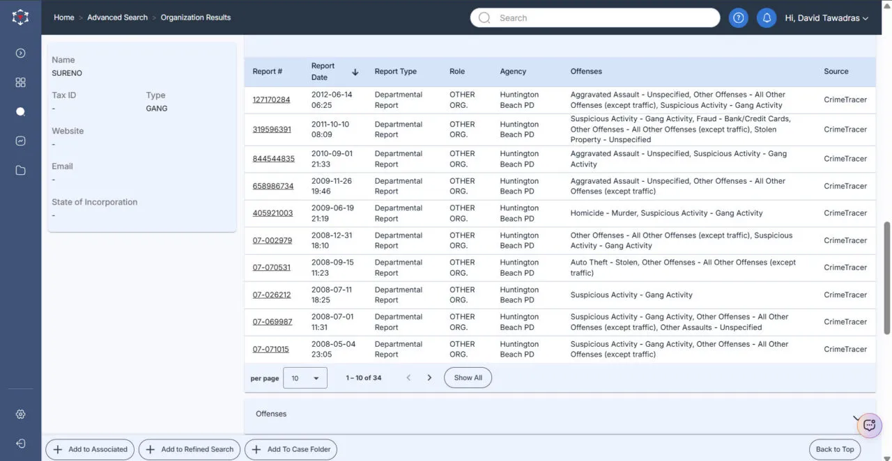 Screenshot of CrimeTracer's search results when looking for an organization (gang members).