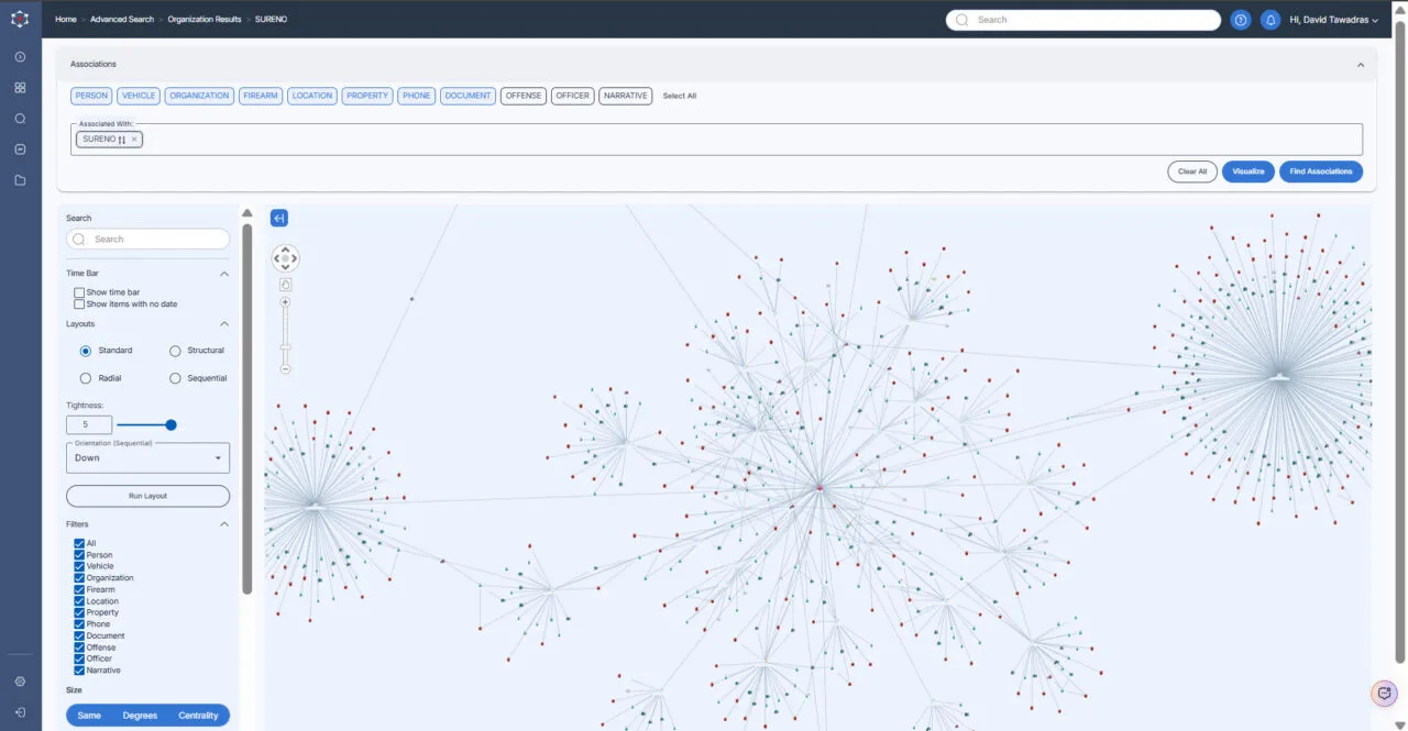 Screenshot of CrimeTracer's link analysis and visualizer tool.