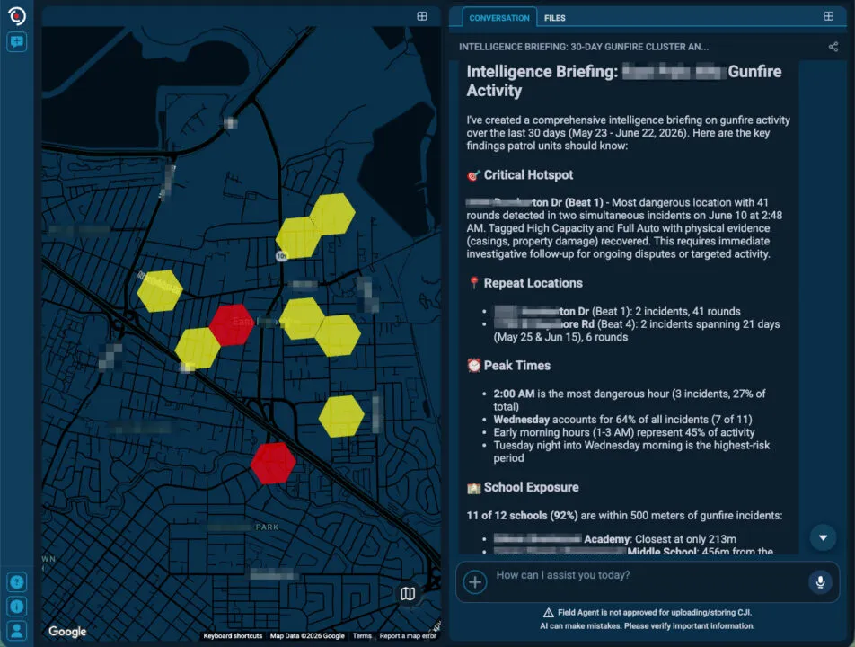 Image of computer screen with Field Agent prompt about gunfire clusters on the right side and corresponding map on the left side.